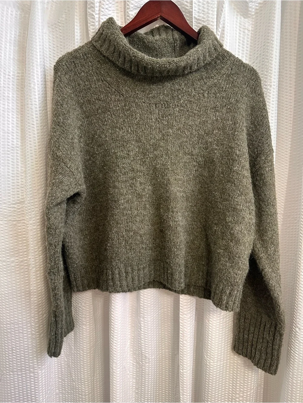 Pilcro Olive Green Turtleneck Sweater with Charcoal Pants